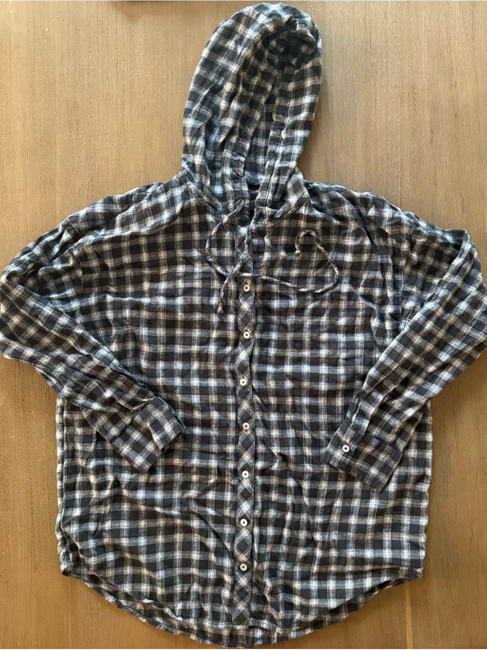 Aerie Cotton Viscose Plaid Black & White Hooded Flannel Shirt Button Up Medium